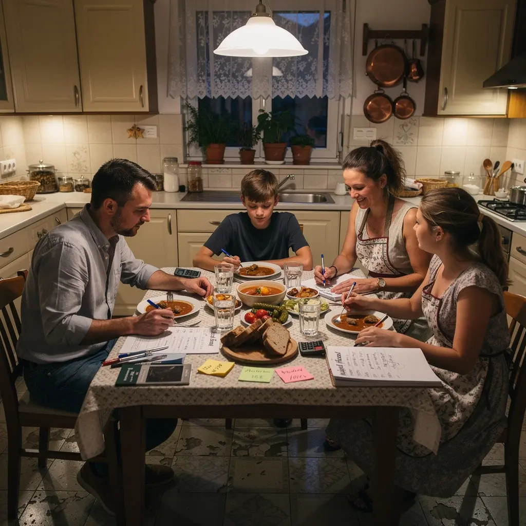 Számológép és pénzügyi nyomtatványok, amelyek a költségek nyomon követésére szolgálnak.